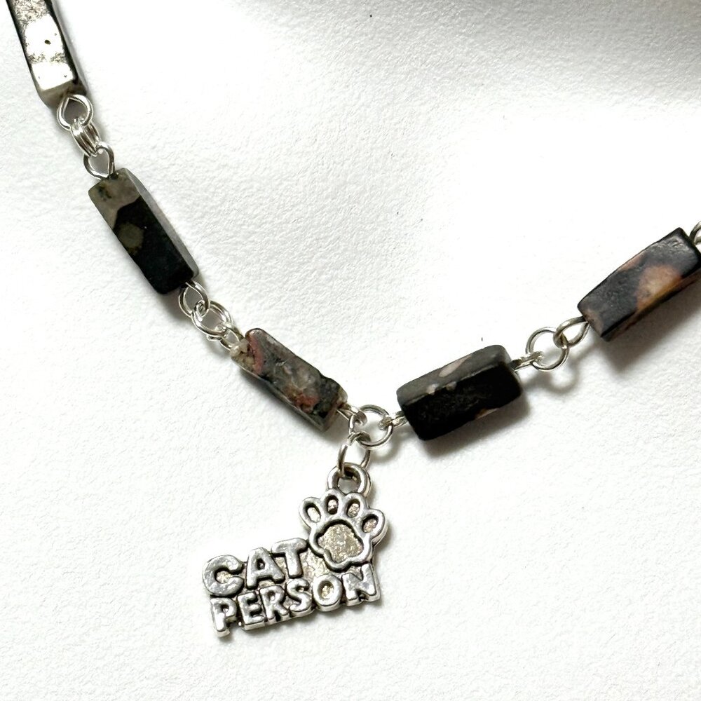 Genuine Dark Green Ocean Jasper Short Necklace, Gemstone & Cat Person Paw Print